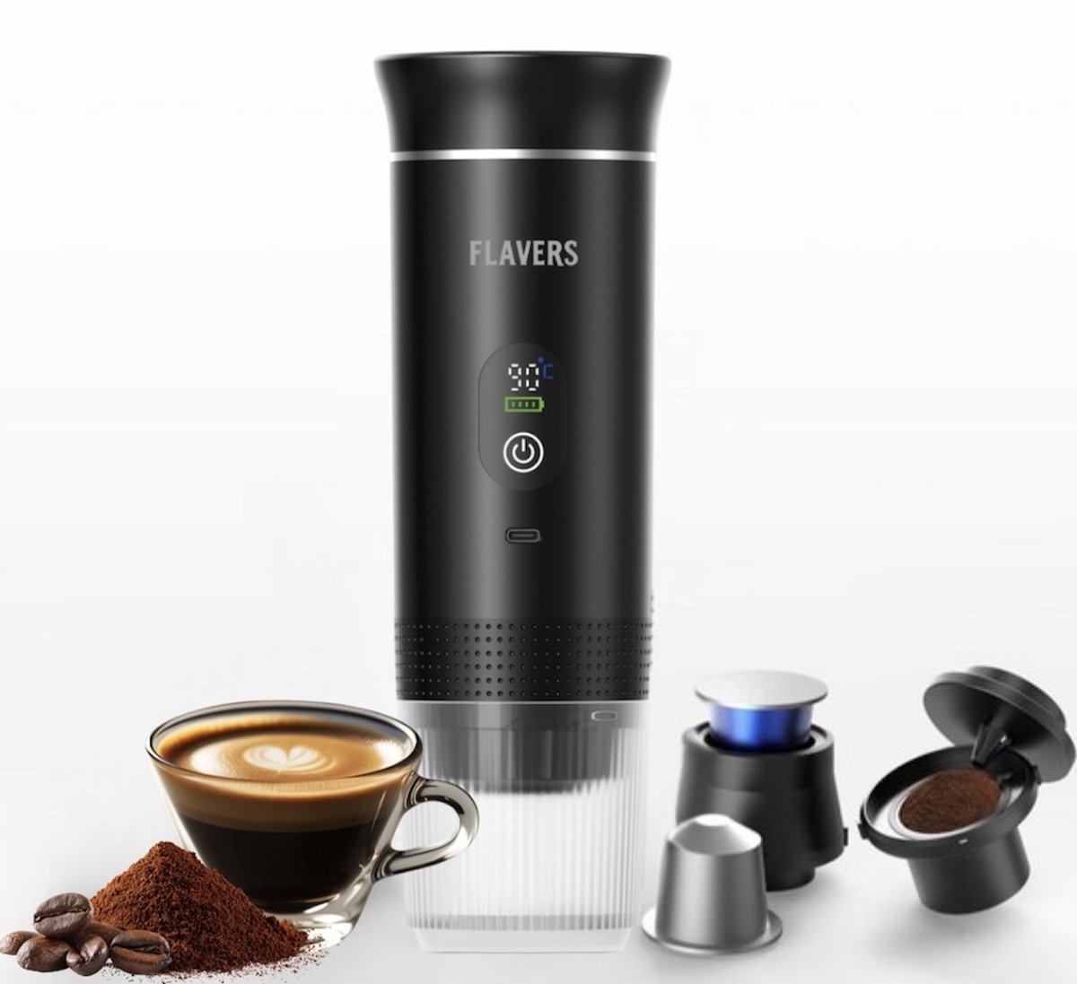 Flavers ® | Draagbare Koffiemachine | 2026 model | Draagbare Elektrische Espressomachine | Zwart | Koffiezet apparaat voor Onderweg | Capsules & Gemalen Koffie | Portable Espresso Machine | Cadeauset | koffiemaatje | Reis & Camping Koffiezetapparaat — afbeelding 1