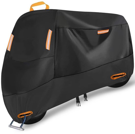 Motorhoes voor Elektrische Motorfietsen - Regen- en Zonbescherming - Buitenhoes voor Toermotorfietsen - Met 4 Oranje Strepen - Geschikt voor Grote Motorfietsen - Maat 4XL 290×105×125 cm - Zwarte Beschermhoes