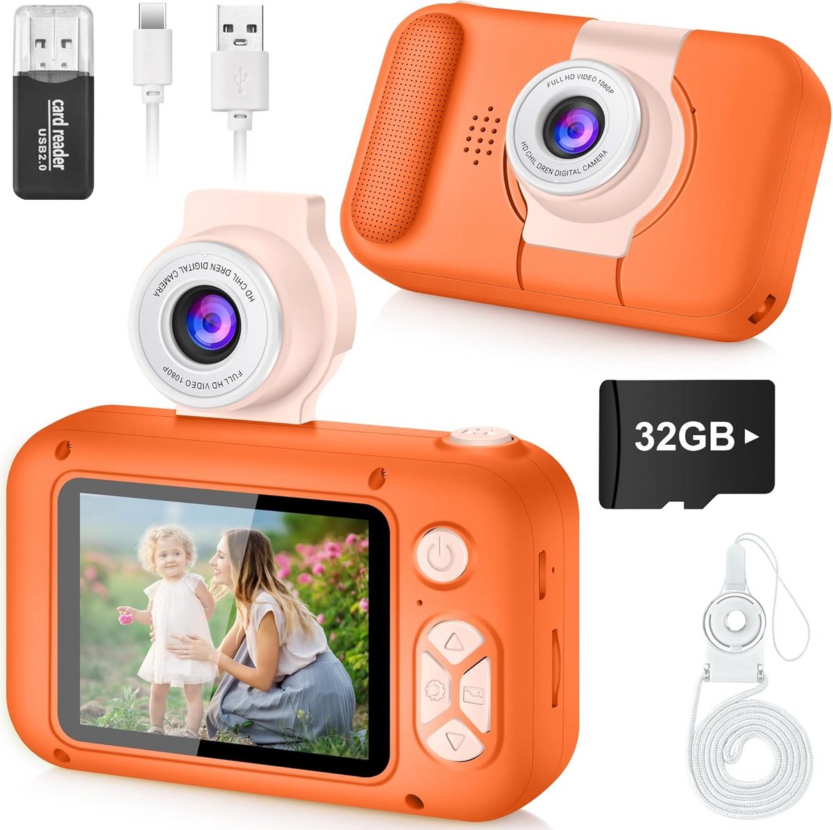 Kindercamera met 180 Graden Draaibare Lens en 32GB Kaart - Digitaal Fototoestel voor Jongens en Meisjes
