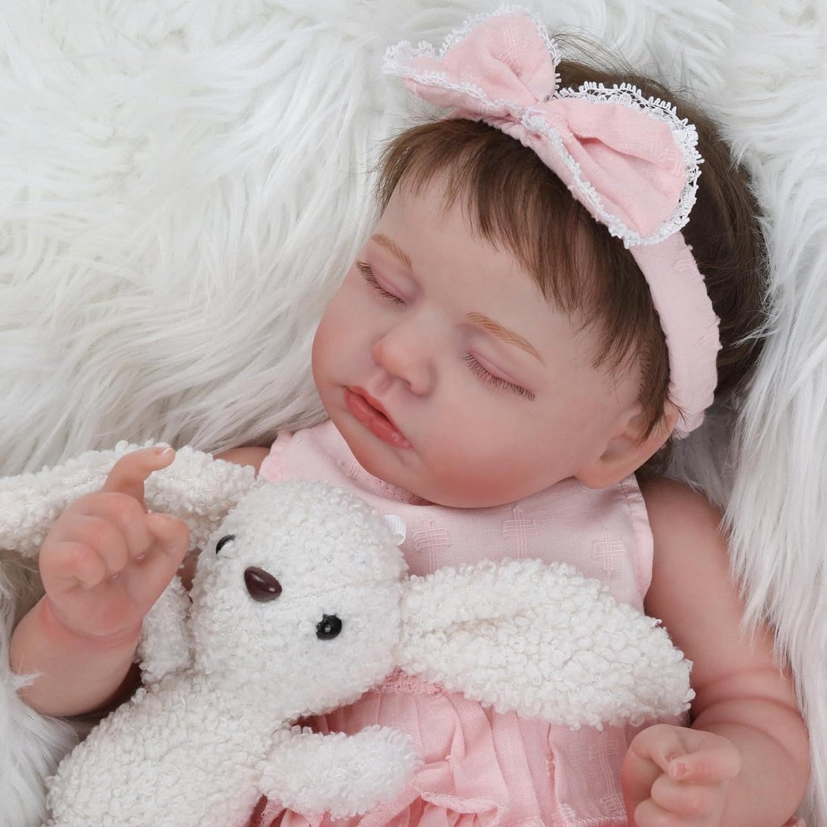 Levensechte Reborn Babypop - 40 cm - Volledig Siliconen Lichaam - Slapend - Waterdicht & Poseerbaar - Inclusief Kleding & Magnetische Speen - Realistisch Speelgoed - roze jurk — afbeelding 2