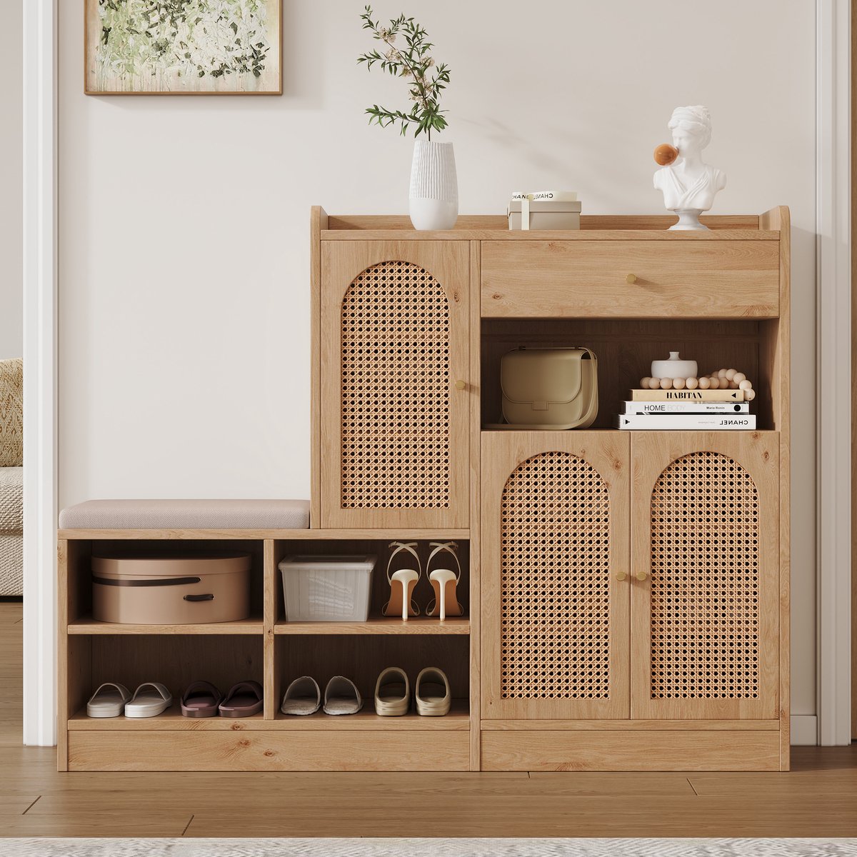 REDOM Luxe Schoenenkast met Zitbank - Halmeubel met 3 Rotan Deuren & Lade - Garderobekast Naturel - 142x35x110 cm