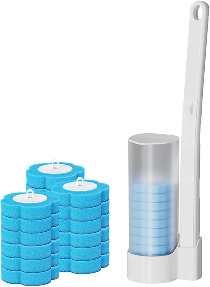 Toiletborstelset - Lengte handvat 40 × 5,5 cm - Toiletborstel met verlengd handvat - 18 vervangende borstelkoppen met oceaangeur - Geschikt voor toiletten en badkamers - Blauw