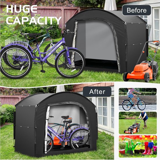 Zwarte tent met een paarse driewieler, groene fiets en grasmaaier. Boventekst: Huge Capacity.
