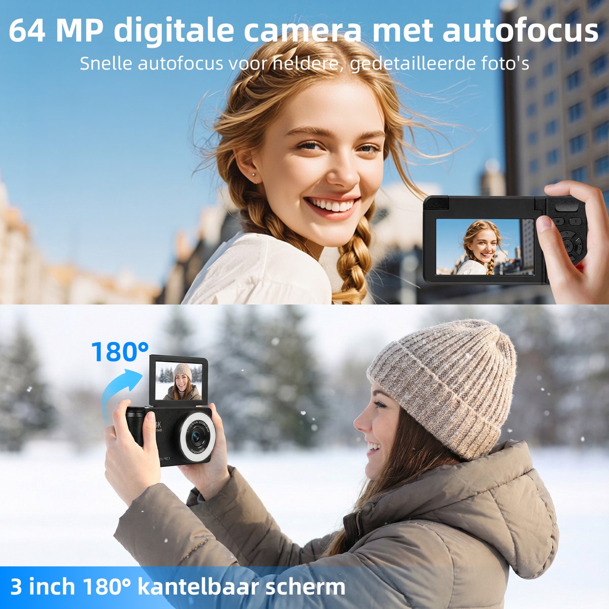Ericbee 4K 64MP Digitale Camera Met Beauty Licht En 180 Graden Flip Scherm - Compacte Vlogging Camera Met Autofocus 18X Digitale Zoom En 20 Filters - Fotocamera Met 3 Inch Display Webcam Functie En 32GB Kaart Voor Foto En Video thumbnail 5