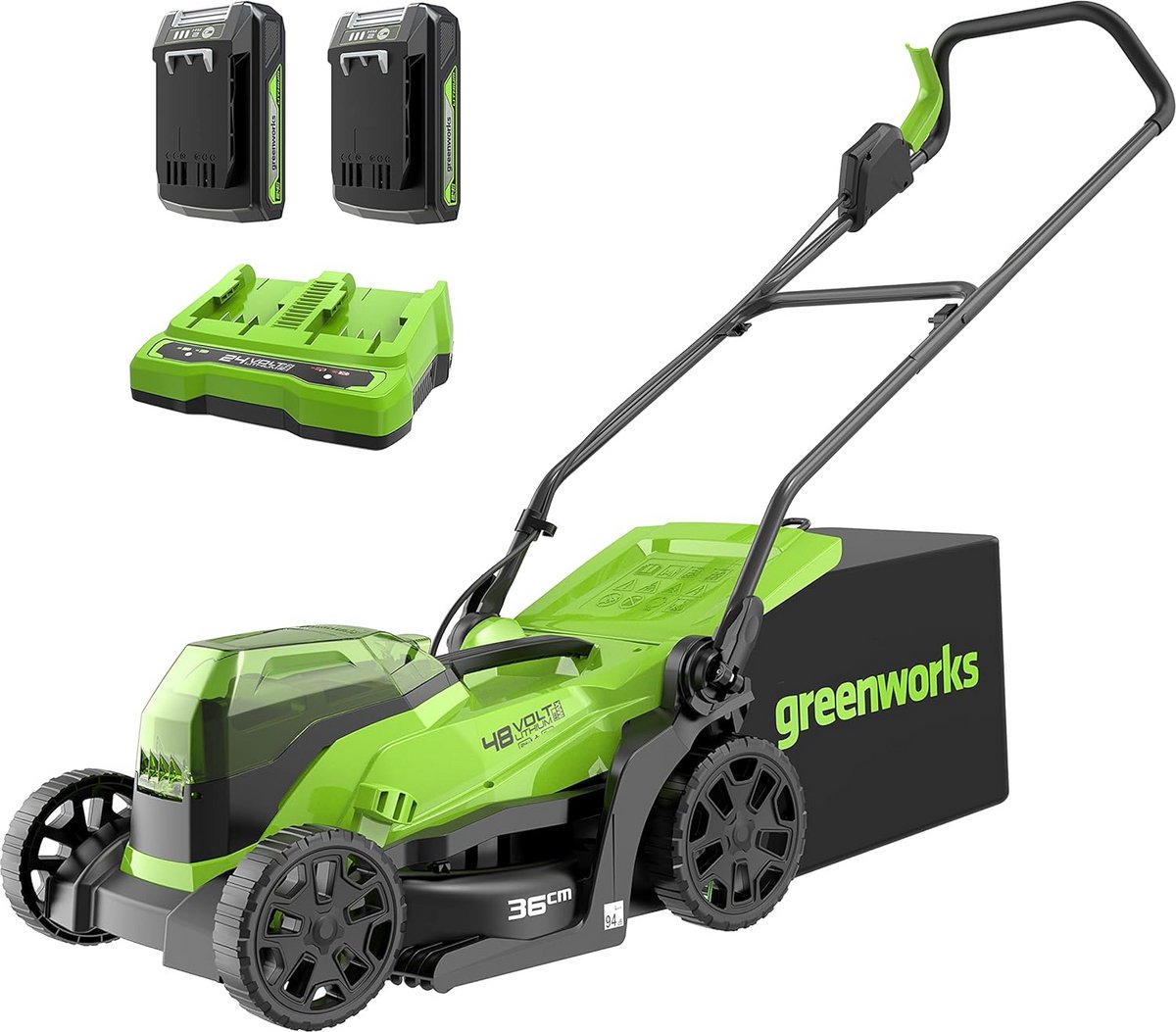 Accu Grasmaaier - Snoerloze Maaier - Gazon Onderhoud - Dubbele Accu Kracht - 36cm Maaibreedte - Groen Zwart Grijs