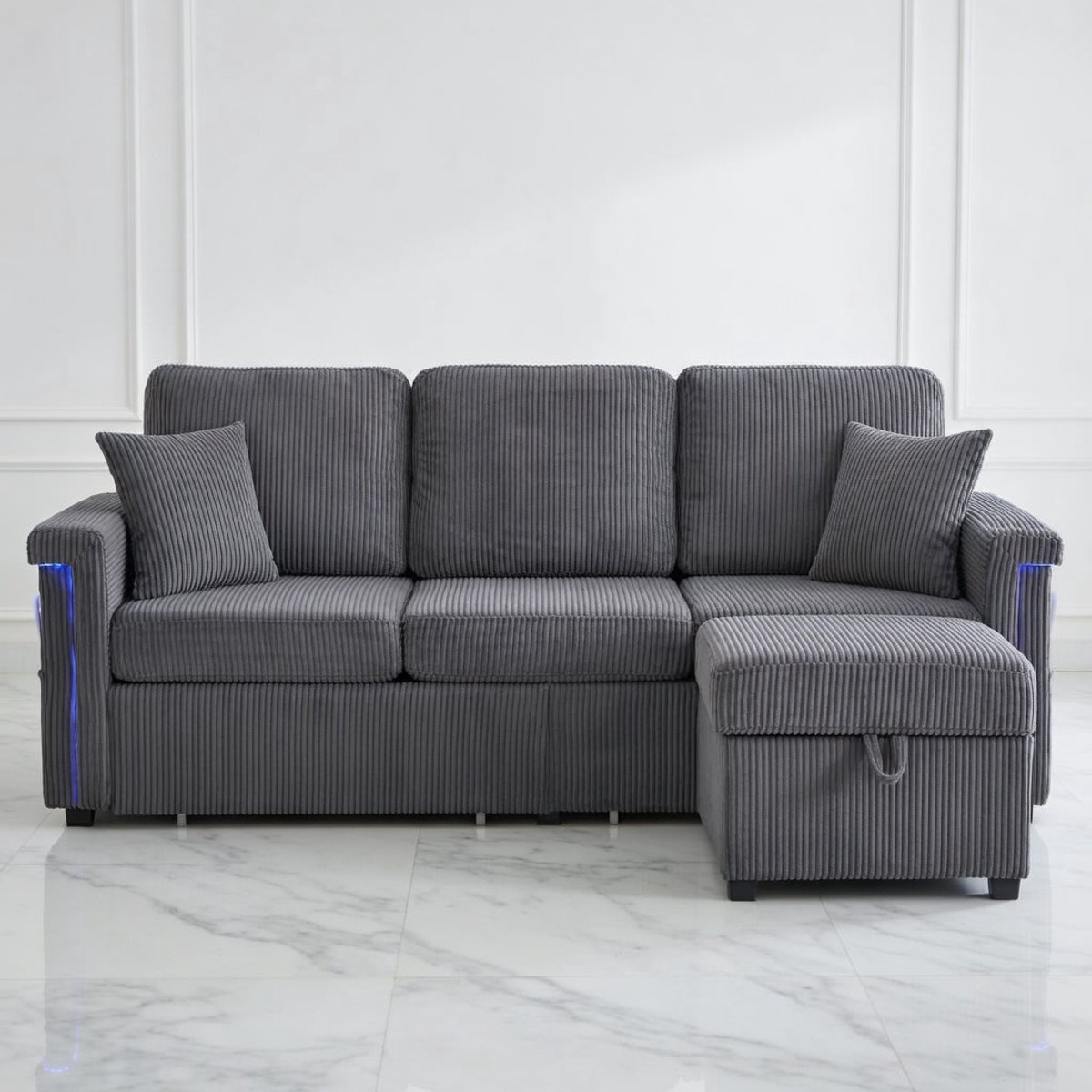 Luxe Fluwelen 4-Zits Bank met Ledverlichting, USB-C Oplaadpoort en Opbergruimte – Modern Design, Comfortabele Corduroy Stof, Uitklapbare Zitting, Woonkamer, Slaapkamer of Kantoor – Donkergrijs House&Garden