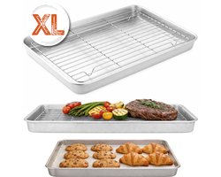 Braadslede met Afkoelrooster 304 RVS - 31,8 x 24,8 x 3 cm – Bakplaat voor Oven, BBQ & Airfryer – Zilver