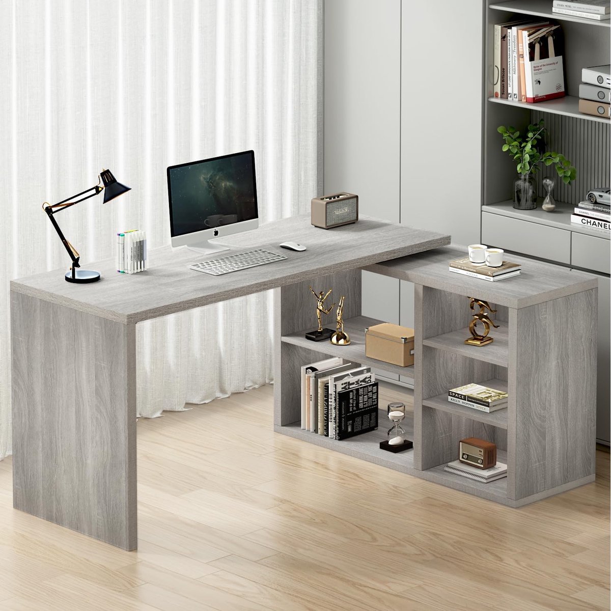 L-vormig Bureau 140x50x76 cm met Opbergruimte – Hoekbureau Computerbureau Industrieel Design, Omkeerbaar & Verstelbaar – Grijs Houten Werkbureau voor Thuiswerkplek & Kantoor – Laura