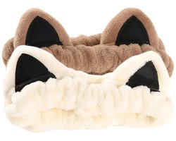 BOTC Haarband - 2 Stuks - Kattenoren - Zachte Spa Haarband voor Gezichtsreiniging & Make-up - Coral Fleece - Beige & Khaki