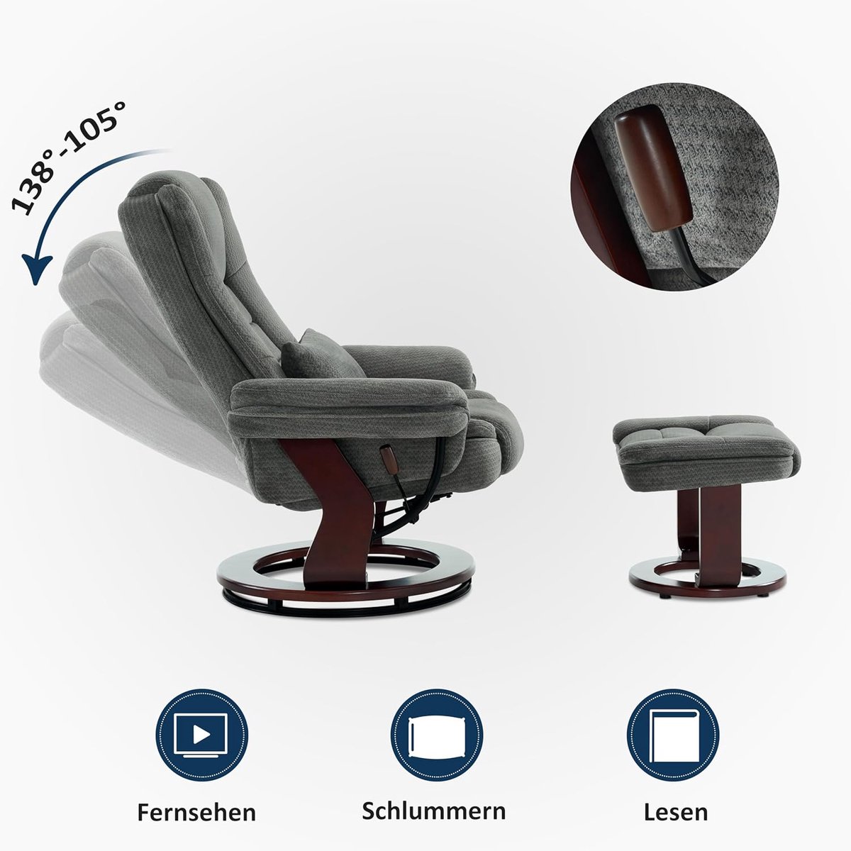 Laura Relaxfauteuil 82,5 x 87 x 106 cm – 360° Draaibare Lees- en TV-Stoel met Kruk, Traploos Instelbare Rugleuning, Comfortkussen en Zijzak – Grijs Stof – Laura