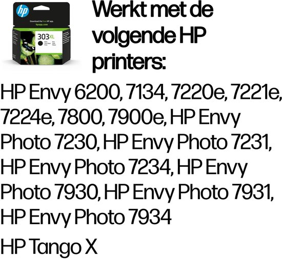 HP 303XL zwarte inktcartridge verpakking. Werkt met HP Envy 6200, 7134, 7220e, 7221e, 7224e, 7800, 7900e, HP Envy Photo 7230, 7231, 7234, 7930, 7931, 7934, HP Tango X printers.