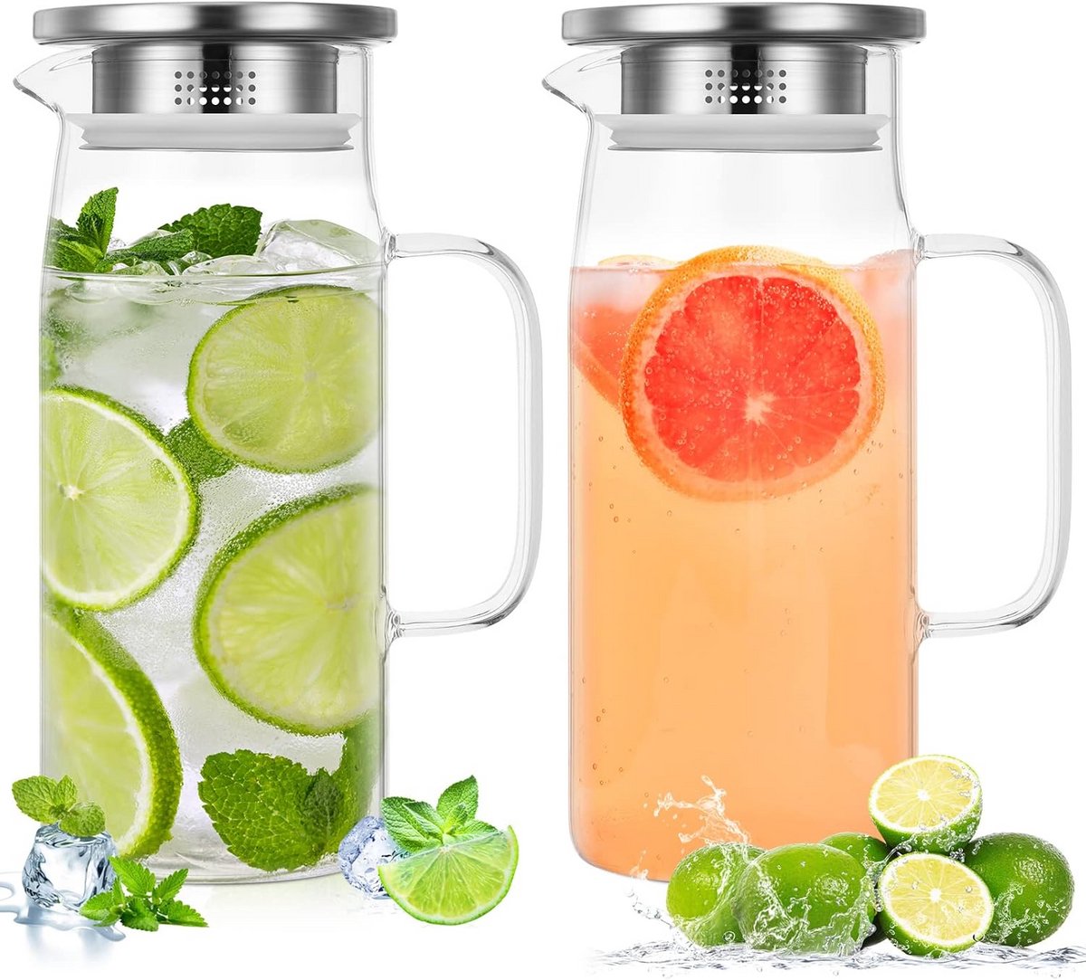 Set van 2 Glazen Waterkannen met Deksel voor Koelkast en Nachtkastje