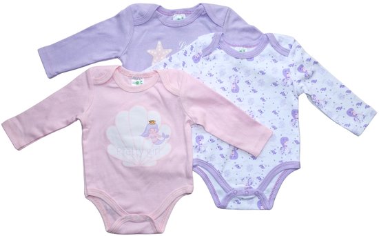 Set van drie rompers met lange mouwen in roze, paars en paars-wit gestreept, met zeemeermin- en zeedierenprints.