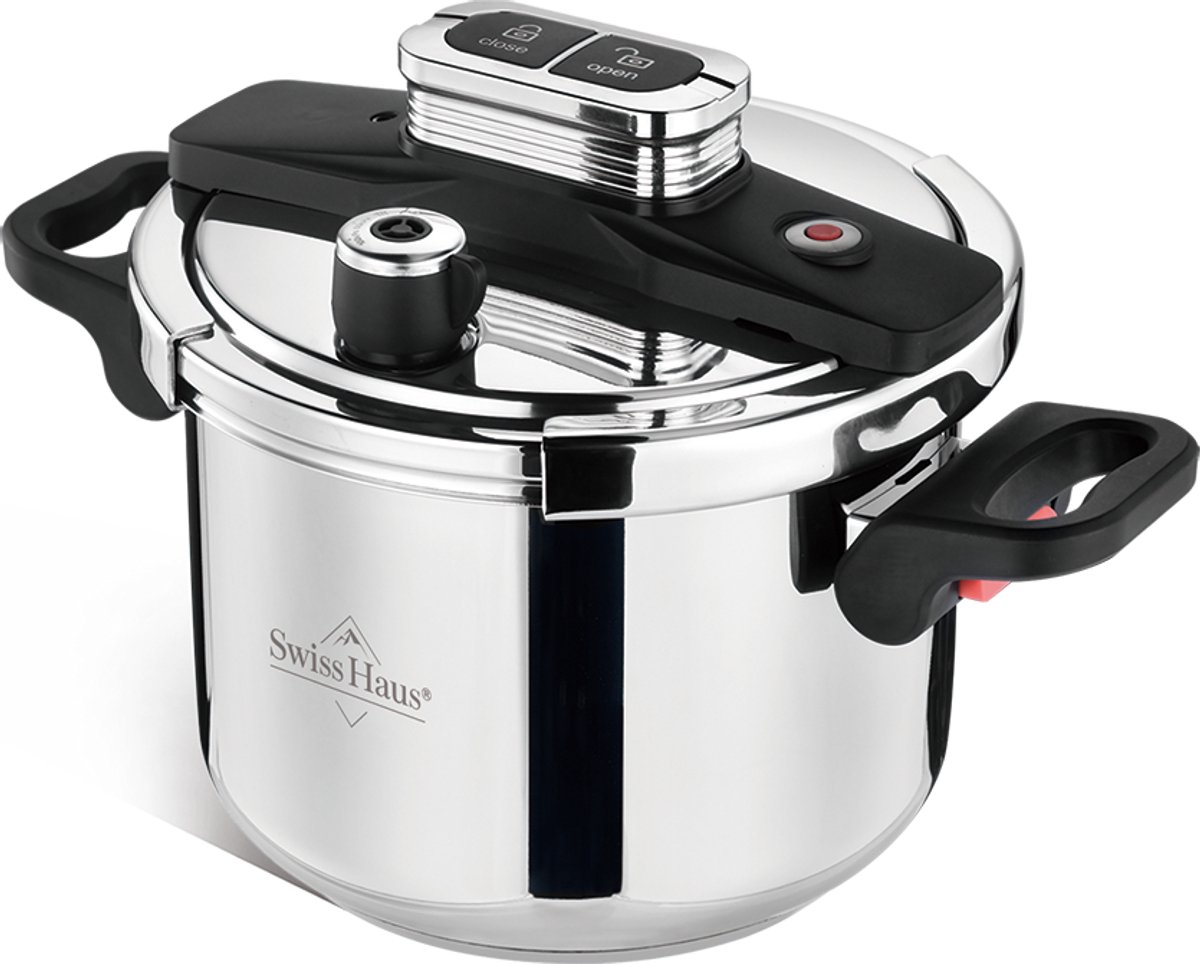 Swiss Haus® PCN8L Snelkookpan Inductie - 8 Liter / Ø 22 cm - PFAS Vrij - RVS Snelkookpannen Voor Alle Warmtebronnen - Pressure Cooker - Instant koken - Eenhandig Mechanisme - RVS