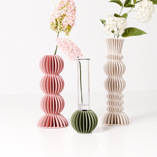 Fleuriek - Kleine vazen set van 3 voor bloemen of droogbloemen - Groen, roze, beige - Decoratieve bloemenvaasjes met glazen buisjes