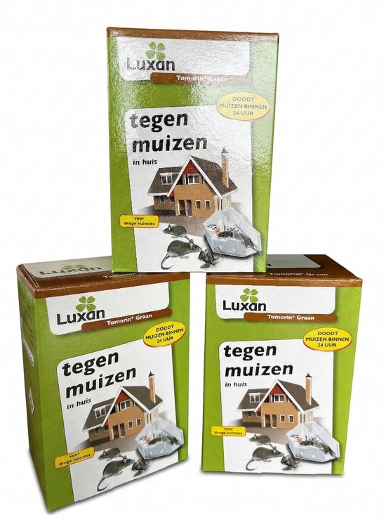 Luxan Tomorin Graan, dozen met tekening van huis, muizen en lokdozen, tegen muizen in huis.