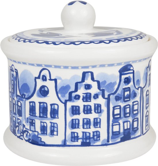 Witte porseleinen voorraadpot met blauwe Delfts Blond print van grachtenpanden en een fiets.