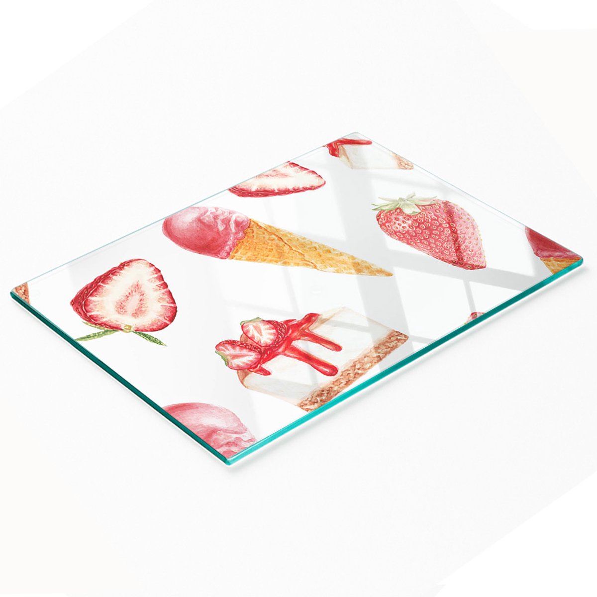 Duurzame en stijlvolle snijplank van gehard glas met dessertmotief, 80x52 cm