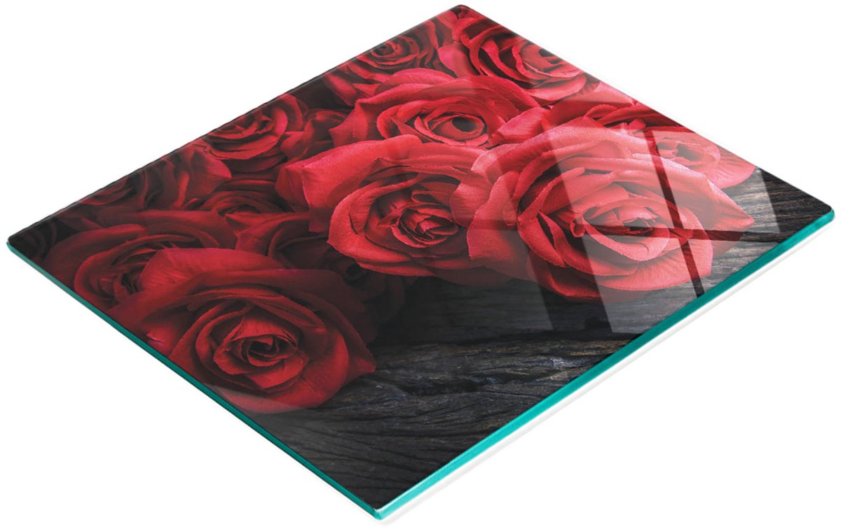 Keukenplank van gehard glas met decoratieve afbeelding van een boeket rozen, 60x52 cm