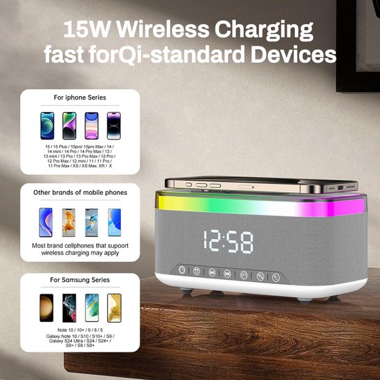 Namajunas - 5-in-1 Wireless LED Speaker - Draadloos - Bluetooth Speaker - 6 Ambient-lampen - Digitale klok, LED-display - Draadloze Muziek Box - Draadloze Oplader - Wireless charger - GSM Lader - voor iPhone/Android/iPad/Samsung - Cadeau van Merkloos — afbeelding 2
