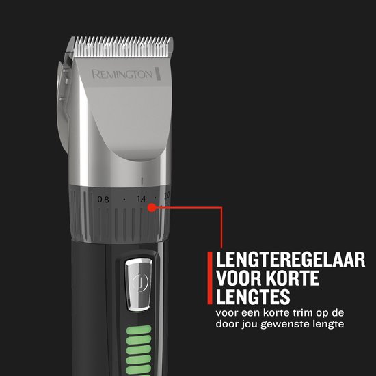 Close-up van de Remington tondeuse met lengteregelaar voor korte lengtes.