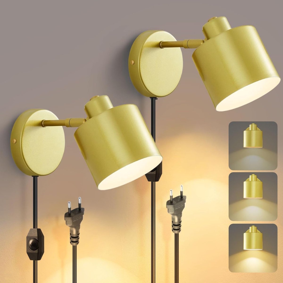 CLVP® Wandlamp Binnen met Snoer - Wandlamp met Stekker voor Binnen - met Dimbare Schakelaar - Industrieel en Vintage - Slaapkamer Bedlampje