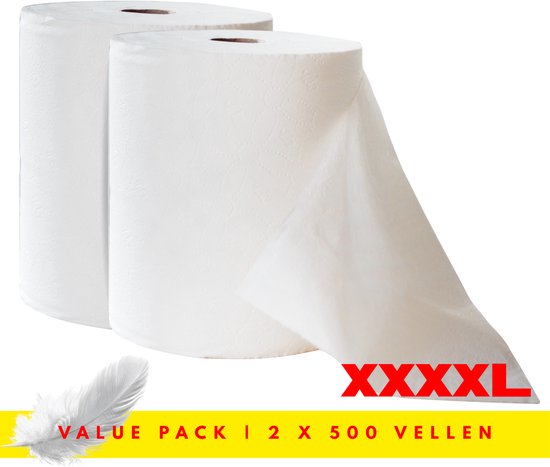 Twee rollen wit keukenpapier, XXXXL voordeelpak, 2 x 500 vellen.