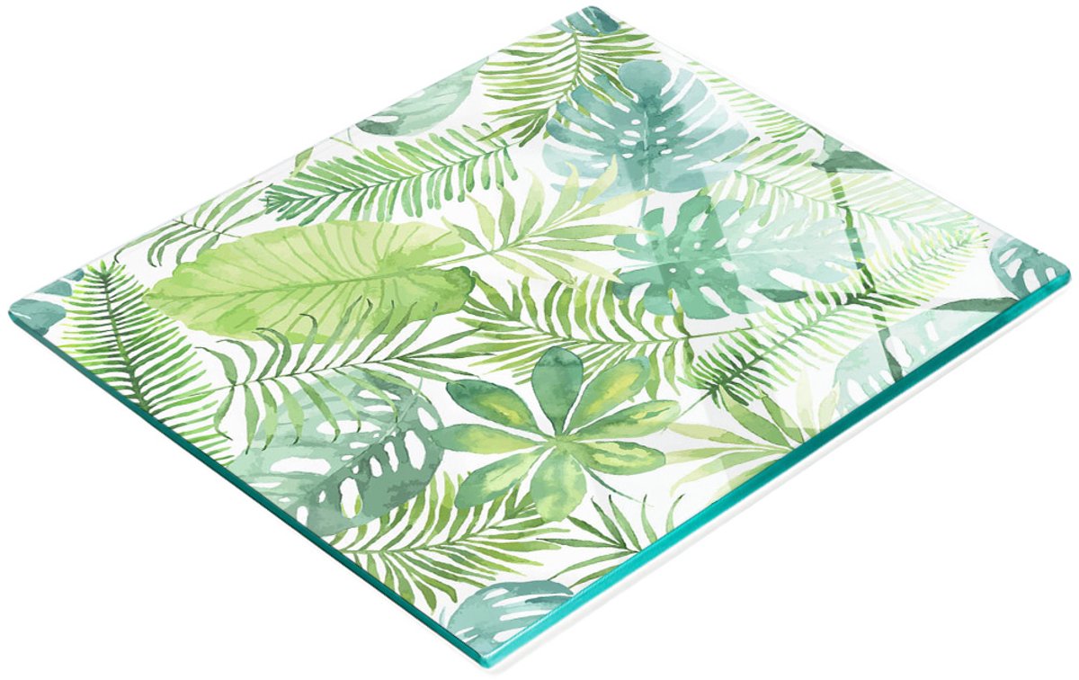 Decoratieve glazen snij- en serveerplank met tropische bladeren, 60x52 cm