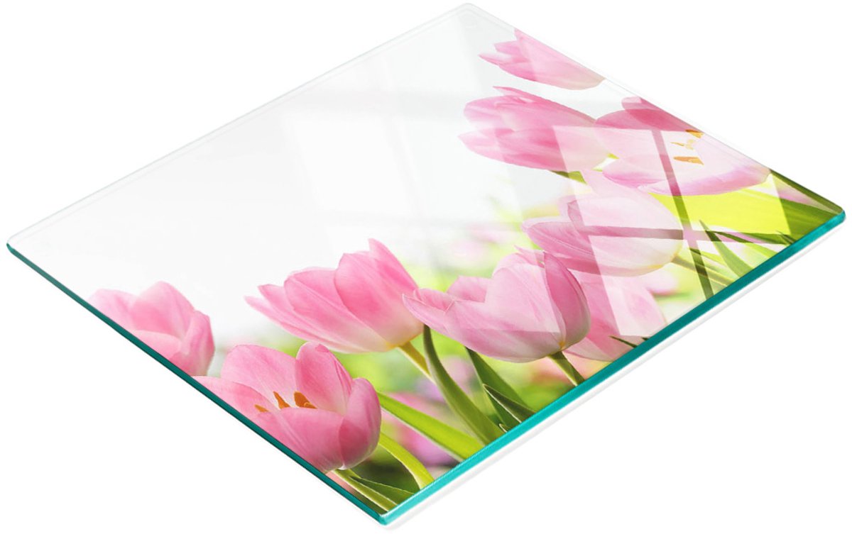 Decoratieve glazen snijplank met roze tulpenmotief, 60x52 cm