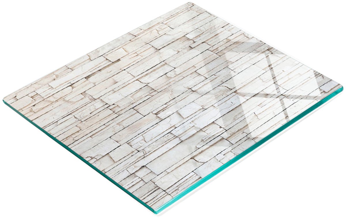 Decoratieve glazen keukensnijplank met witte stenen muurprint, 60x52 cm