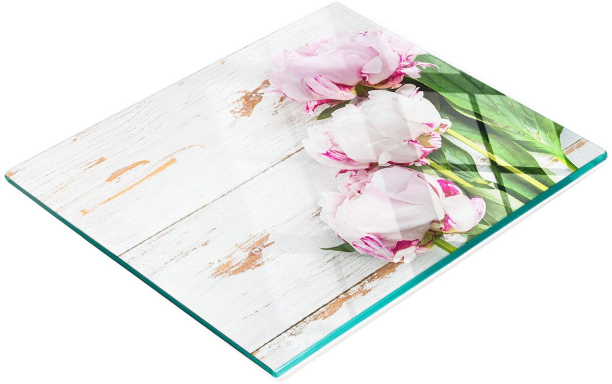 Decoratieve glazen snij- en serveerplank met pioenrozenmotief, 60x52 cm