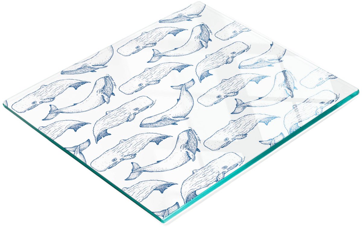 Bord van gehard glas met decoratief patroon van een blauwe walvis, 60x52 cm