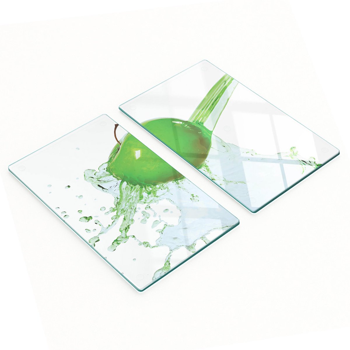 Glazen serveerplanken voor in de keuken met appel- en waterprint, 2x30x52 cm