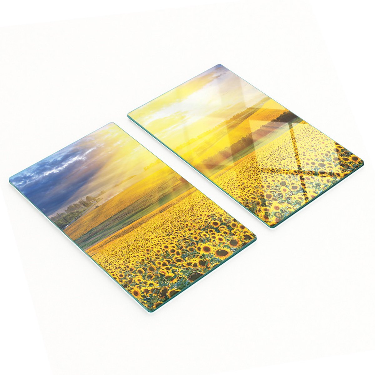 Stijlvolle en duurzame glazen borden met print van een zonnebloemveld, 2x30x52 cm
