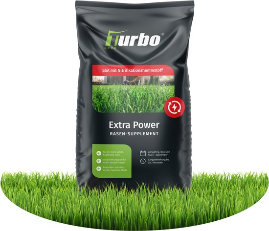 Sac d'engrais gazon turbogrün Extra Power avec une image d'herbe d'un vert profond. Le sac promet une croissance rapide et le contrôle de la mousse et des mauvaises herbes.