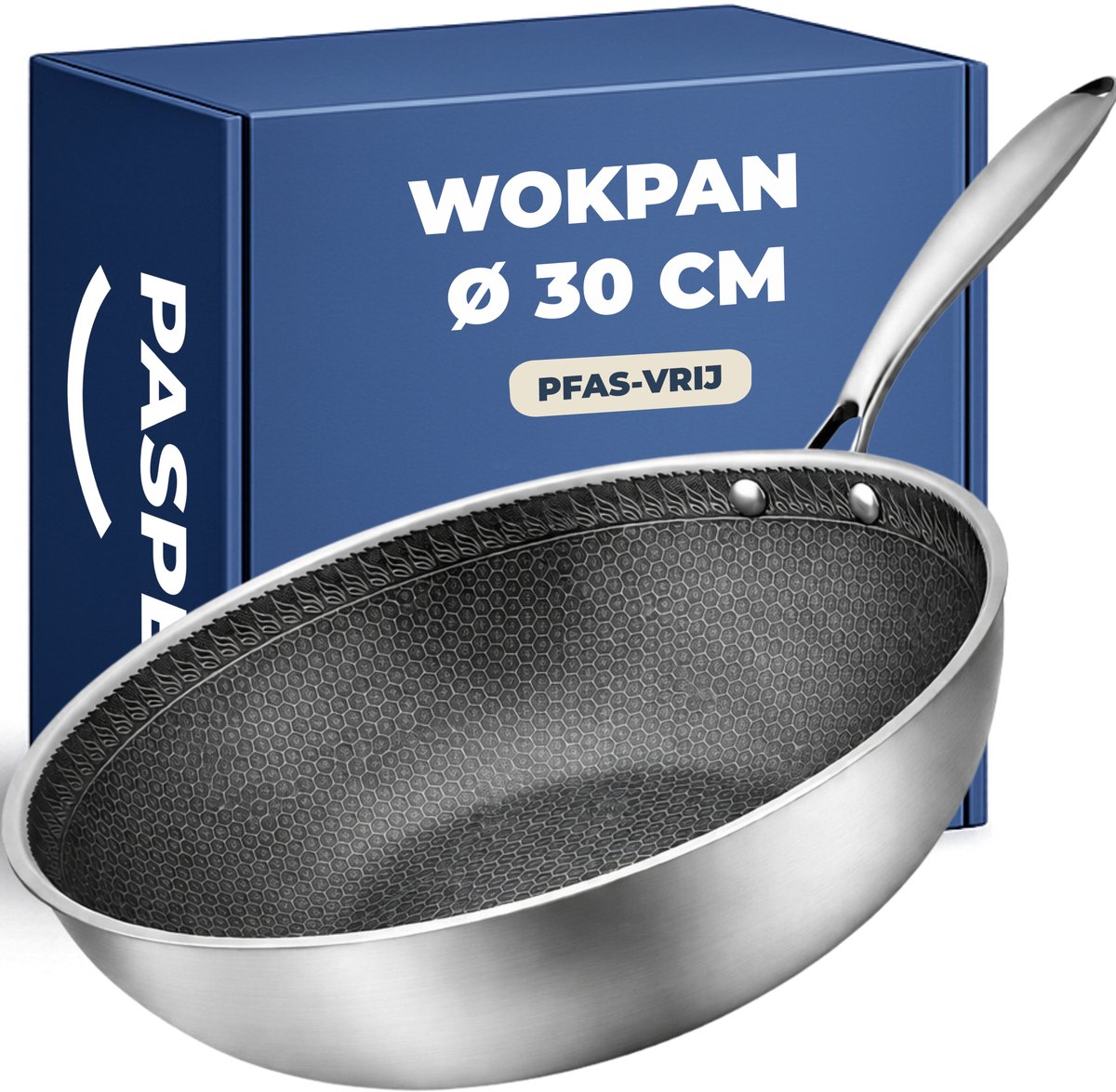 Pasper Wokpan Ø 30 cm - PFAS & PTFE vrij pan - Inductie, Elektrisch, Keramisch & Gas - RVS Honingraat Anti-Aanbakpan