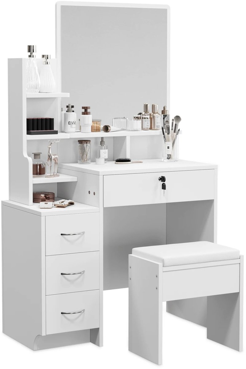 NordHaus Kaptafel met Spiegel en Kruk - Make-uptafel - 4 Lades incl. Afsluitbare Opbergruimte - Compact 87 cm Design