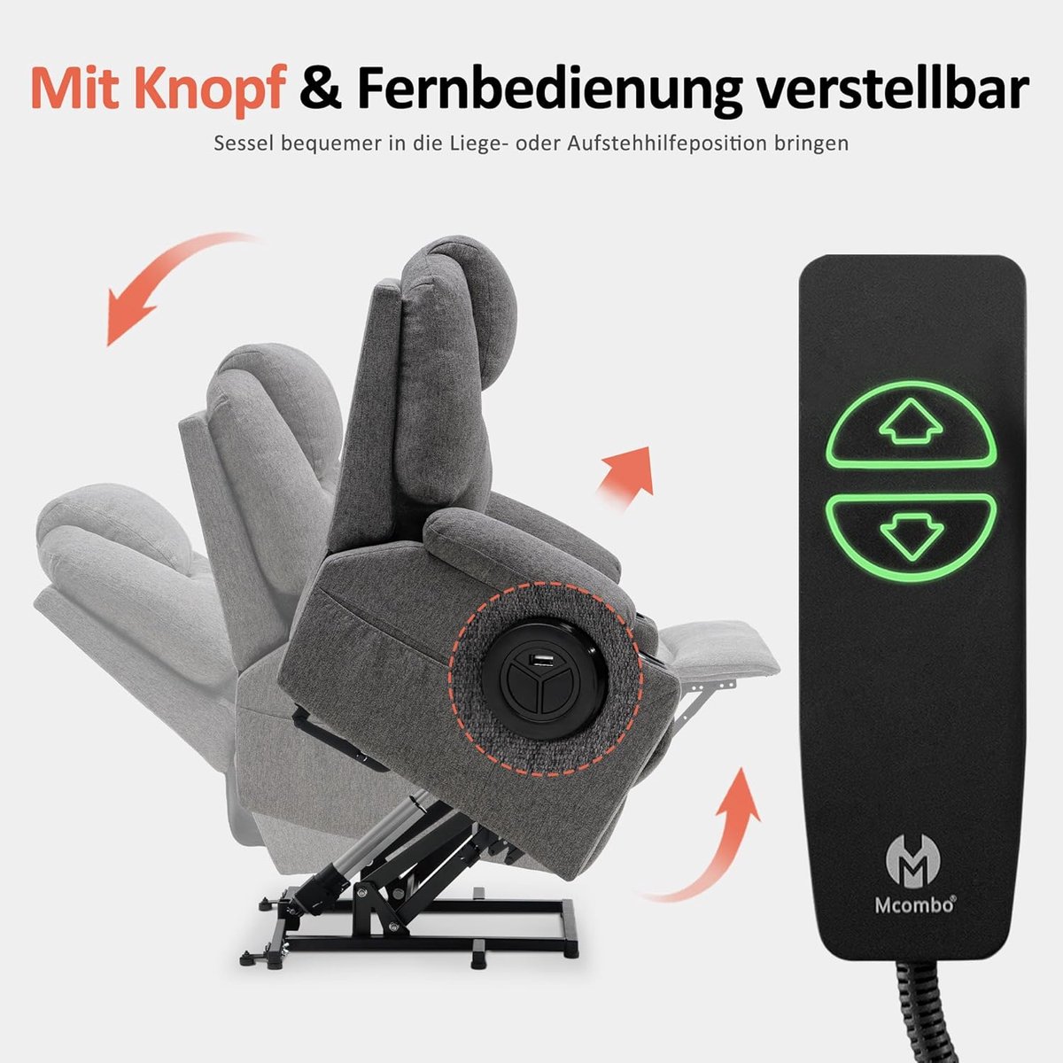 Elektrische Sta-op Stoel met Massage en Warmtefunctie 88 x 92 x 110 cm – Luxe Relaxstoel met Ligfunctie 140° – Televisiestoel met USB en Afstandsbediening – Grijs – ComfortLift Pro – Laura
