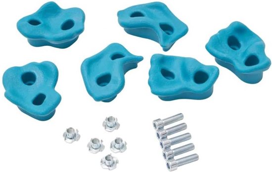 Set van 6 blauwe klimstenen met schroeven en moeren.