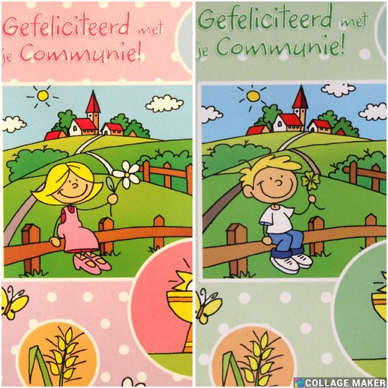 Collage van communiekaarten. Meisje in roze jurk en jongen in blauwe broek, zittend op hek.