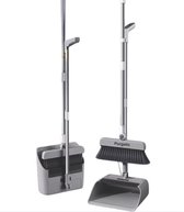 Purgato 4-in-1 Stoffer en Blik met Lange Steel - Harde Schrobborstel - Vloerwisser - Ingebouwde Schraper - Alles in 1 - Binnen & Buiten - Donkergrijs