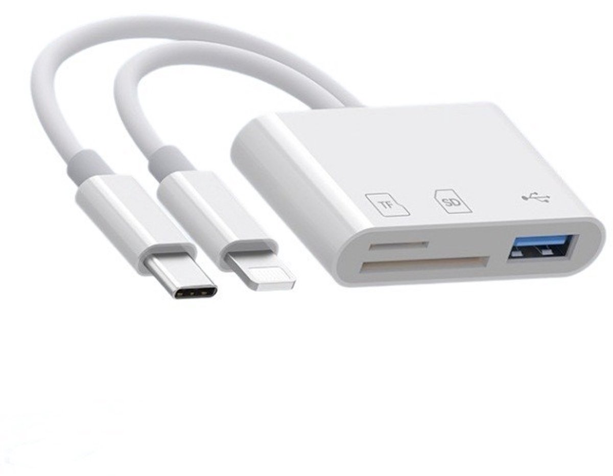 SD Kaart Lezer - 3 in 1 - Micro SD Kaart - USB naar USB C - 8-Pin - Geschikt voor alle Telefoons, Tablets & Laptops