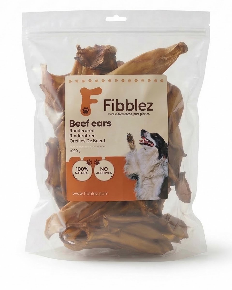 Fibblez – Runderoren voor Honden 1kg – 100% Natuurlijk Rund – Gedroogde Hondensnack – Kauwproduct
