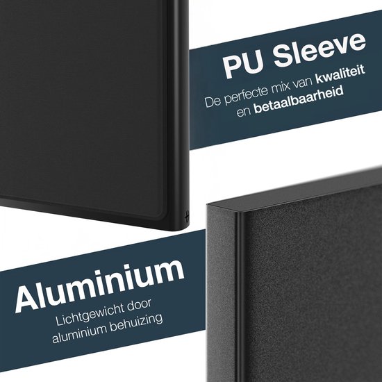 Detailopname van zwarte aluminium behuizing van pasjeshouder en PU sleeve.