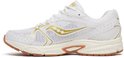 Zijaanzicht witte Saucony sneakers, gouden details, bruine zolen