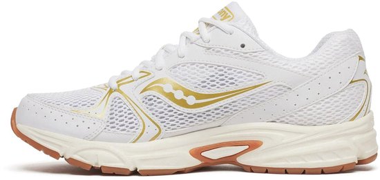 Zijaanzicht witte Saucony sneakers, gouden details, bruine zolen