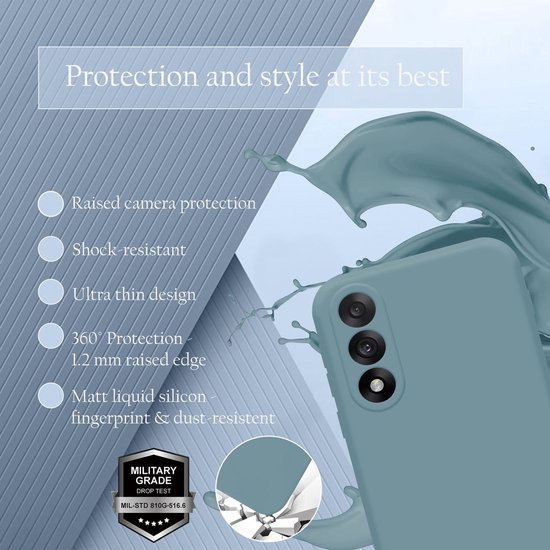 Detailfoto van een matgroen telefoonhoesje met 'Raised camera protection' en '360 Protection' aangegeven. Tekst: 'Protection and style at its best'.