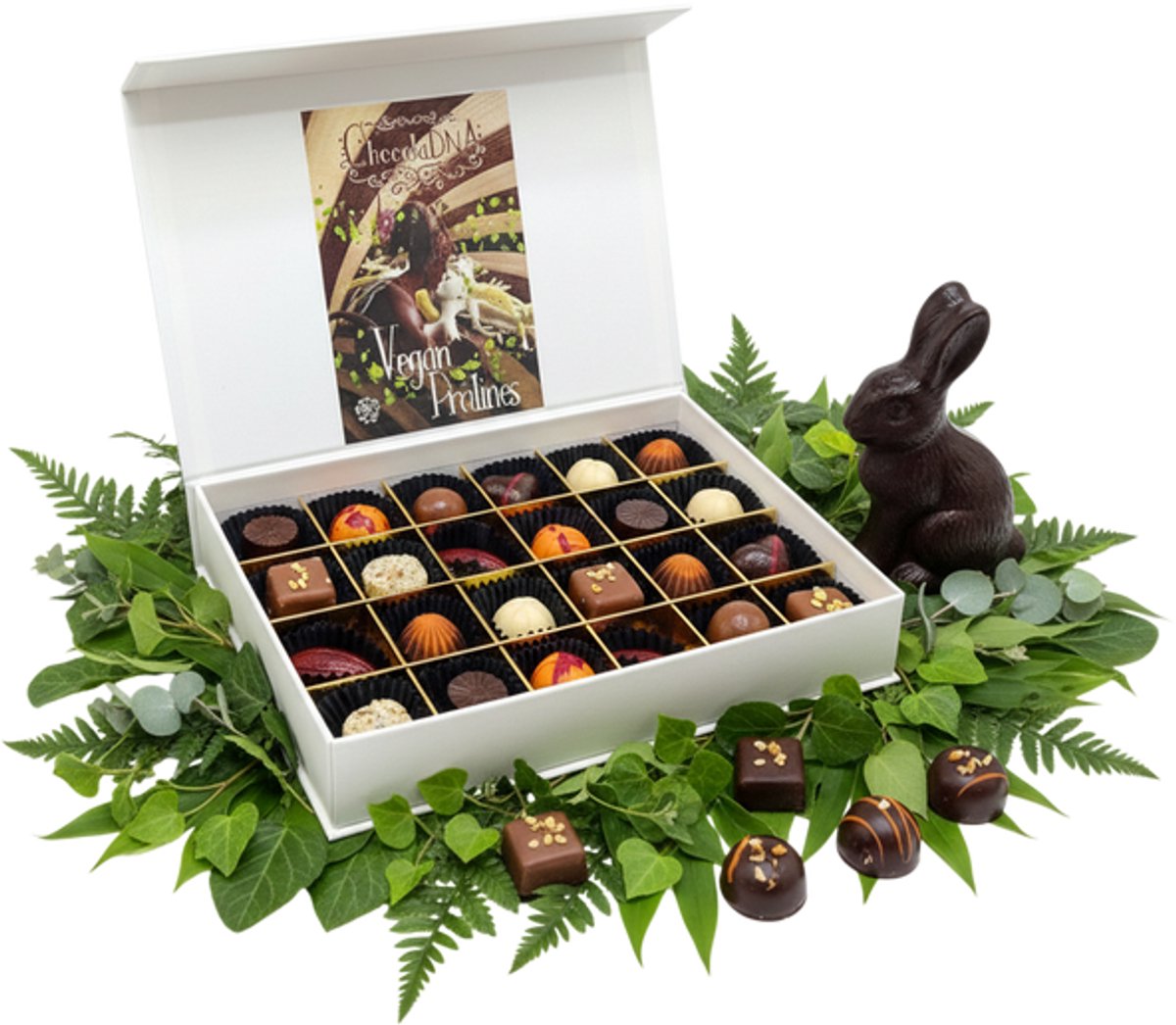 VEGAN pralines-ChocolaDNA-Medium(24)-Vegan-glutenvrij-Chocoladetuffels_Bonbons_Ambachtelijke chocolade_Luxe bonbons_Chocolade cadeau_Geschenkdoos chocolade_Vegan chocolade_Pralines_Verjaardag_Moederdag_Vaderdag_Valentijn Bedankt_Vegatarisch