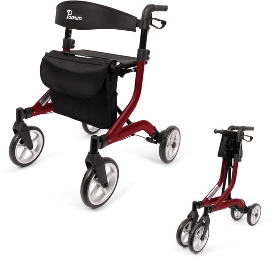 Rode opvouwbare Parvum rollator met zwarte tas en rugleuning, getoond in twee posities: staand en opgevouwen.