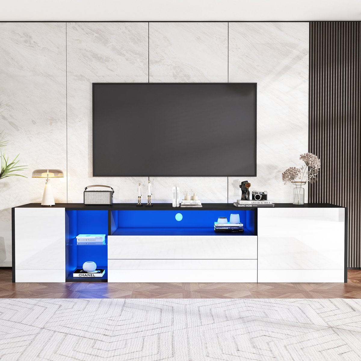 MODFU TV-Meubel - Hoogglans Front En LED-Verlichting - Modern - Voor Woonkamer - Spaanplaat En Gehard Glas - Wit En Zwart - 180 X 40 X 45 Cm Wit+Zwart